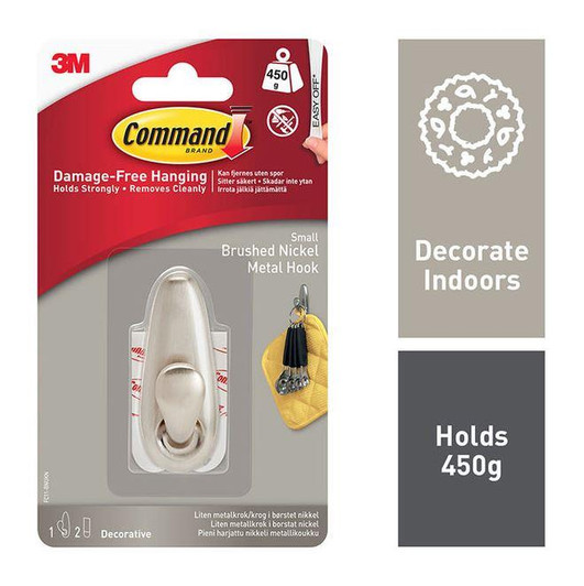 3M Command Metal Small Hook Brushed Nickel Finish│Decorative│Holds Strongly 450g