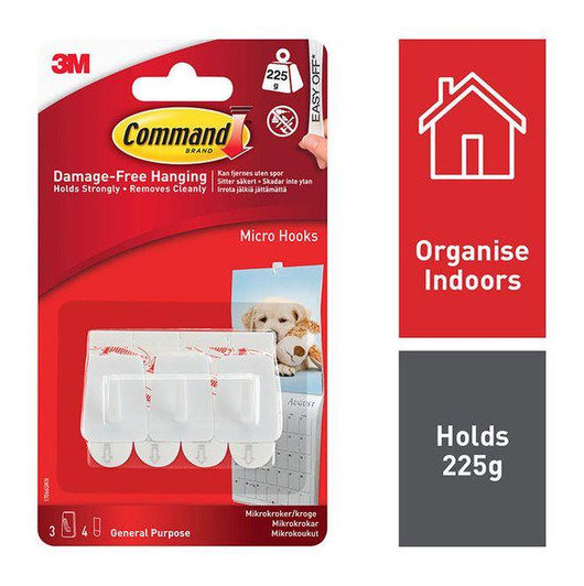 3M Command Micro Hooks│Light-Weight│Damage Free Hanging│Holds Strongly│White