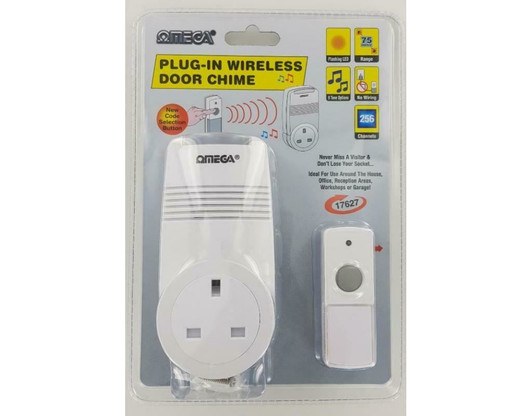 Omega 17627 Plug In Wireless Door Chime Use In House-Office-Reception Areas Whit
