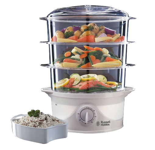 Russell Hobbs 3 Tier Food Steamer 9L 60 Minute Timer 2 Water Inlets 800 Watt