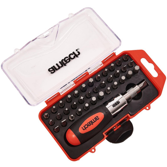 Amtech 38Pc Stubby Ratchet Screwdriver & Bit Set Torx Hex Square Pozi Phillips