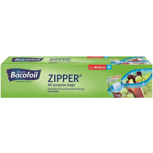 Bacofoil Zip & Seal Food Freezer All Purpose Zipper Bags BPA Free Medium 12 Pack