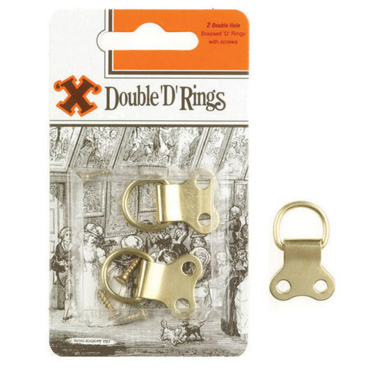 X Brass Double Hole Brass D Rings With Screws Blister for Picture Hanging 2 Pack
