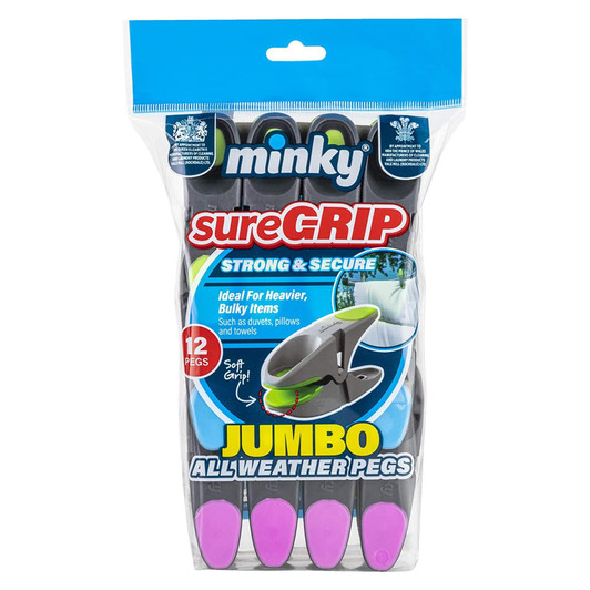 Minky Sure Grip Jumbo Pegs for Clothes For Heavier Bulky Item Soft Grip 12pk