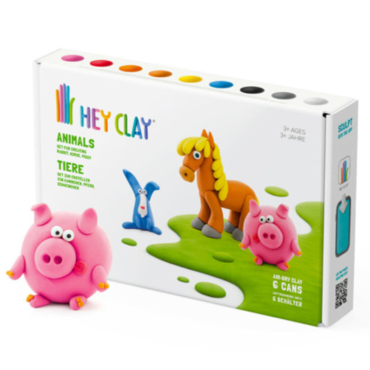 Hey Clay Animals Medium Set with Soft Modelling Air Dry Clay 6 Cans 3+ Ages