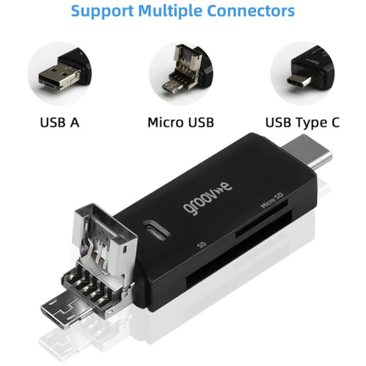 Groov-e GVPC08BK SD & Micro SD Memory Card Reader with USB-C Micro-USB Connetors
