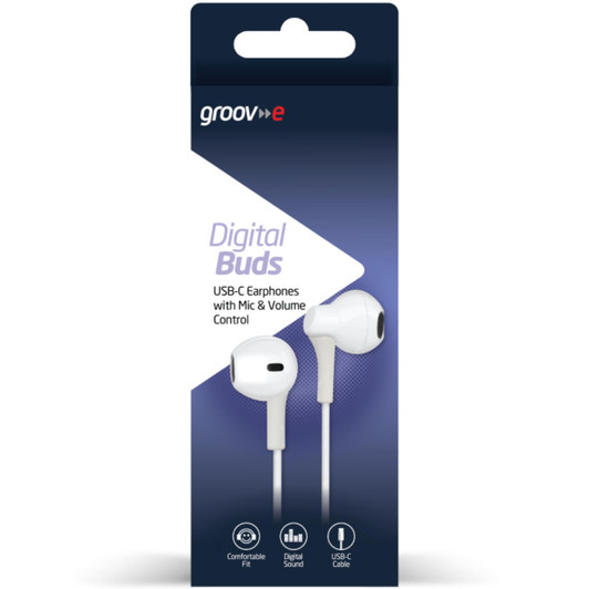 Groov-e Digital Buds USB-C Wired Earphones Remote Mic & Volume Control White
