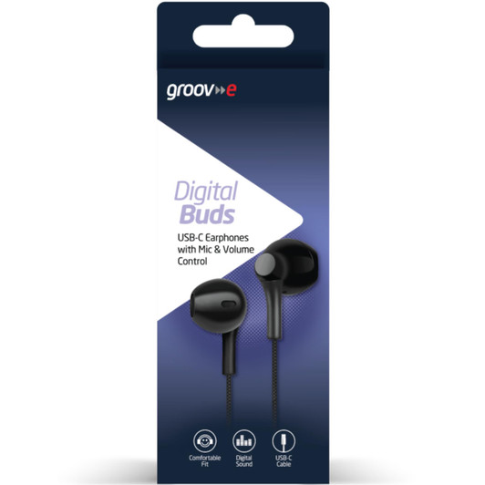 Groov-e Digital Buds USB-C Wired Earphones│Remote Mic & Volume Control - Black