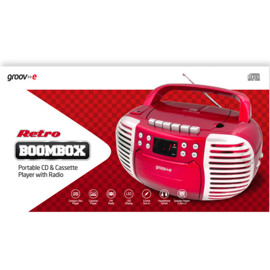Groov-e GVPS813RD Retro Boombox Portable CD & Cassette Player with Radio - Red