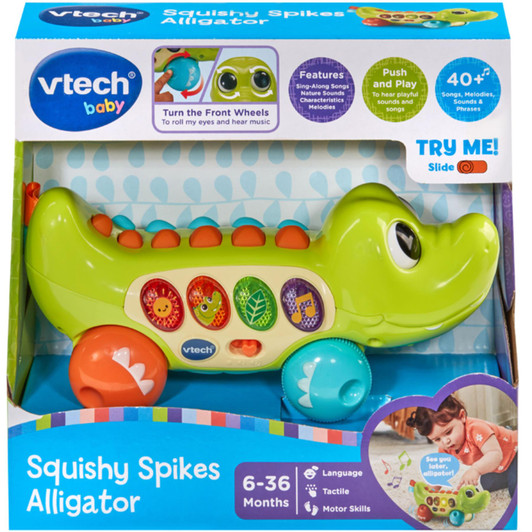 VTech Squishy Spikes Alligator Push Along Baby Toy with 4 Buttons Lights, Sounds
