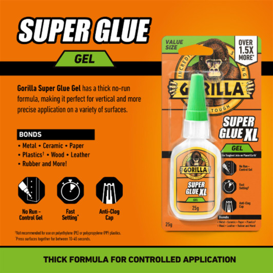 Gorilla Super Glue Gel XL 25g For Use on Metal, Ceramic, Paper, Plastics, Wood
