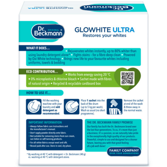 Dr Beckmann Glowhite Ultra Fabric Whitener 4 Sachet 40g with Added Stain Remover
