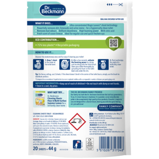 Dr Beckmann Toilet Cleaning 20 Sheets Magic Leaves Ocean Breeze Remove Bad Odour