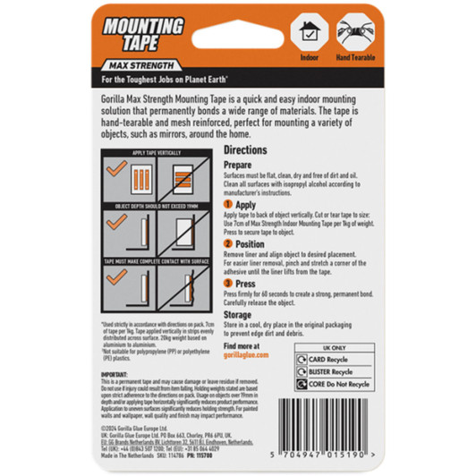 Gorilla Max Strength Indoor Mounting Tape 25mm x 1.5m - Black
