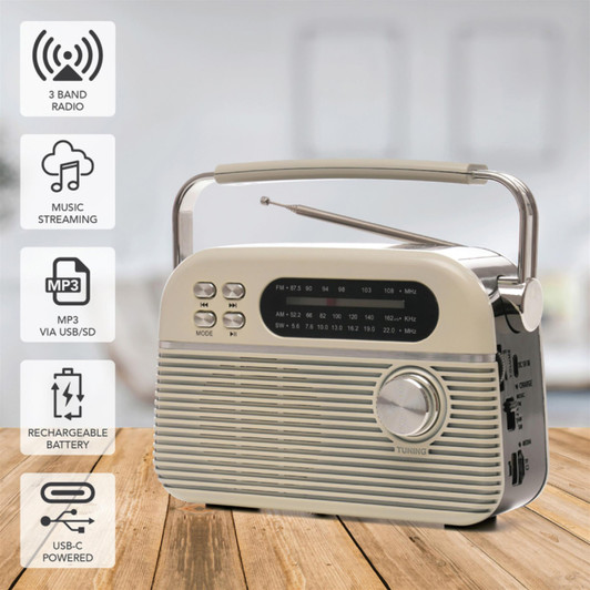 Lloytron N6405CR 3 Band Bolero Rechargeable Portable AM/SW/FM Radio USB - Cream
