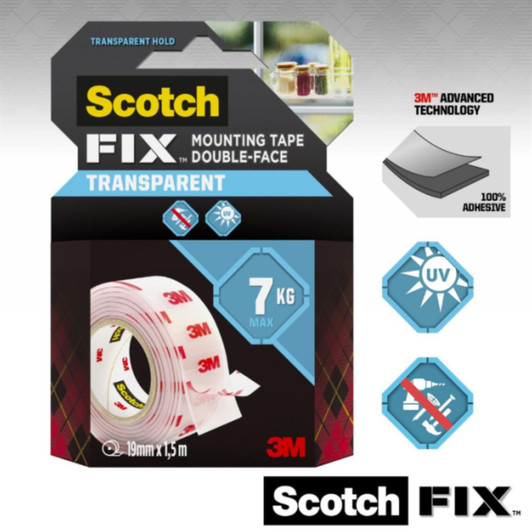3M Scotch-Fix Transparent Double Sided Mounting Tape 19mm x 1.5m 7kg Max