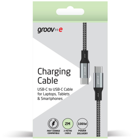 Groov-e GVMA028SG 2m USB-C to USB-C 100W Charging Cable Braided - Space Grey
