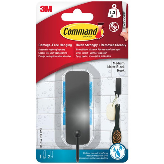 3M Command Bathroom Medium Bath Hook Holds Up To 1.3kg Matte Black