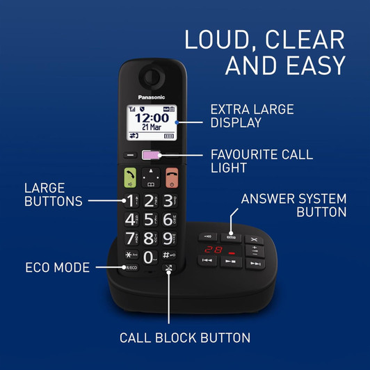 Panasonic KXTGU130EB Big Button Digital Cordless Telephone Call Block - Black