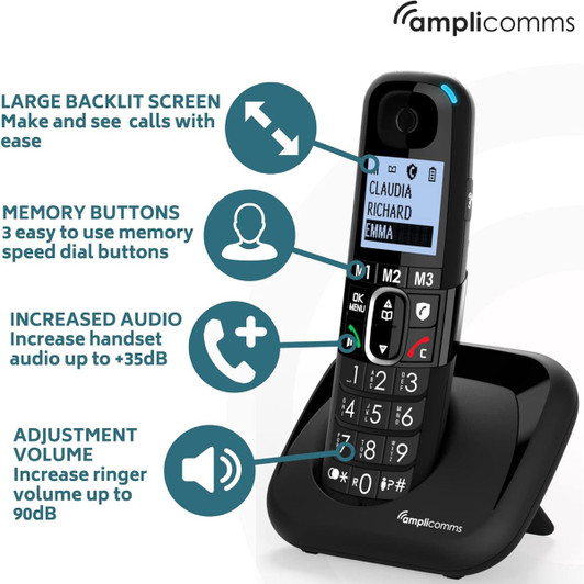 AmpliComms BigTel 1500 Solo Digital Cordless Phone with Amplified Audio - Black