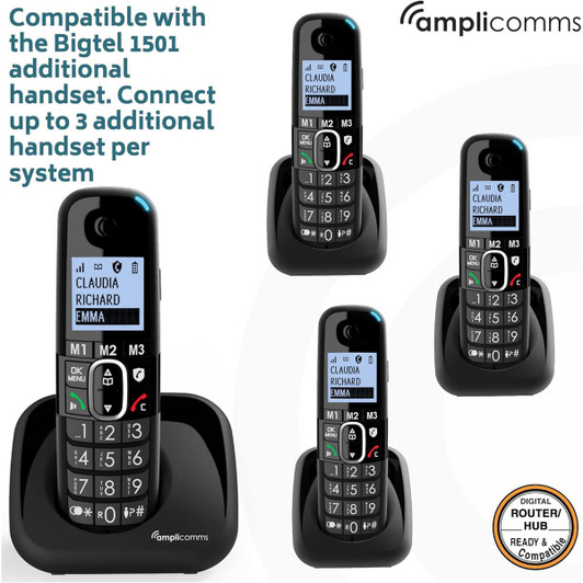 AmpliComms BigTel 1500 Solo Digital Cordless Phone with Amplified Audio - Black
