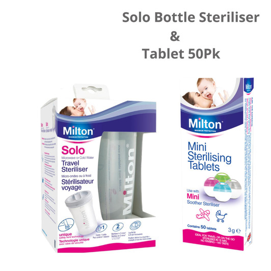 Milton Mini Sterilising Tablet 50Pk + Milton Solo Single Bottle Steriliser