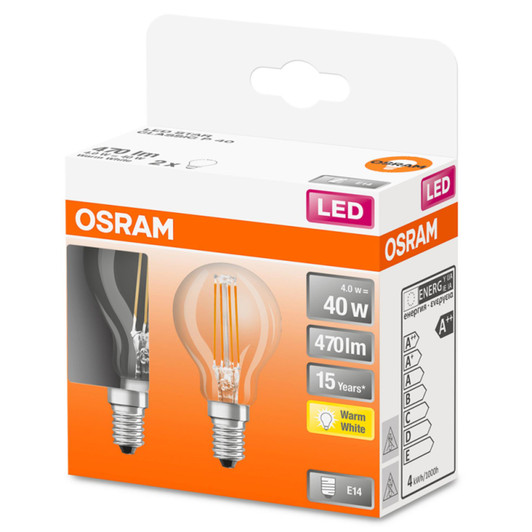 Osram LED 4W E14 Filament Clear Glass Mini Globe SES Bulb - Twin Pack