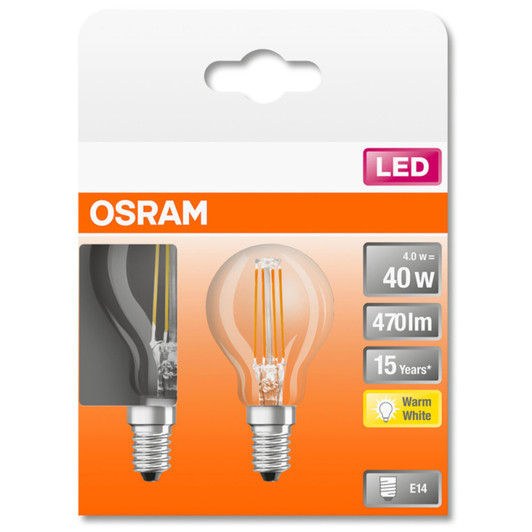 Osram LED 4W E14 Filament Clear Glass Mini Globe SES Bulb - Twin Pack