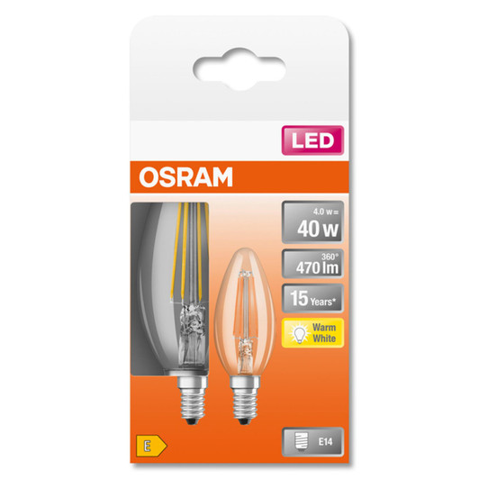 Osram LV330511, LED 40W Filament Clear Glass Candle SES Bulb - Twin Pack