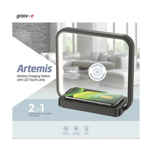 Groov-e GVWC05BK, Artemis LED Touch Lamp with Wireless Charging Pad - Black
