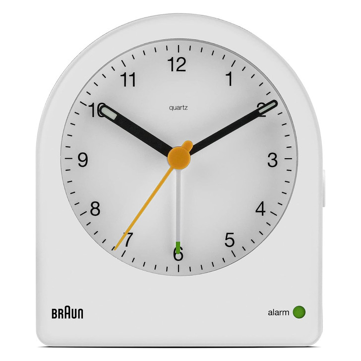 Braun BC22W Classic Analogue Alarm Clock with Snooze and Continuous Backlight - White