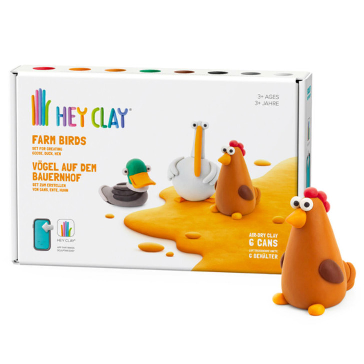 Hey Clay Farm Birds Medium Set with Soft Modelling Air Dry Clay 6 Cans 3+ Ages