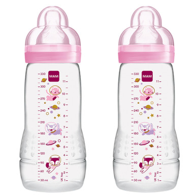 MAM Easy Active Baby Bottle with Fast Flow MAM Teats Size 3, Twin Pack of  Baby Bottles, Baby Feeding, 330 ml, Colour: Pink (Designs May Vary)