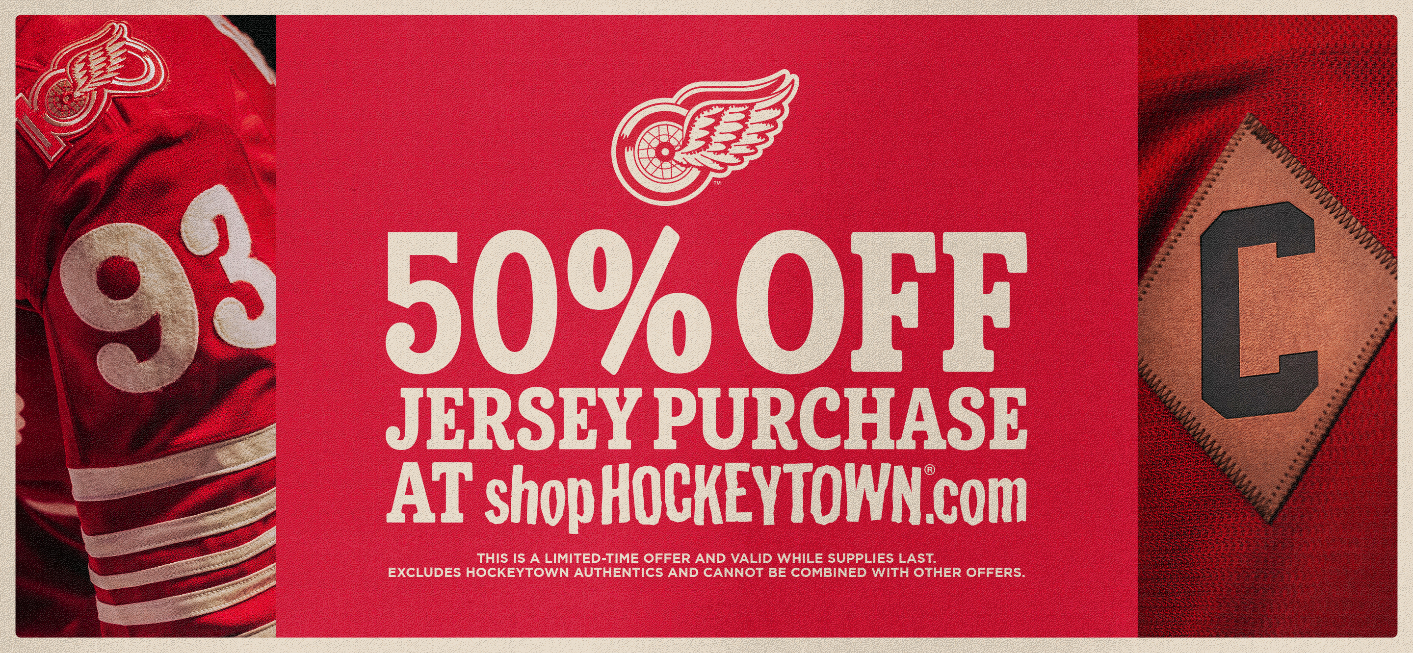 Male and female modeling the Detroit Red Wings Seider Home Premium jersey and Red Wings Seider Centennial Jersey data-size=