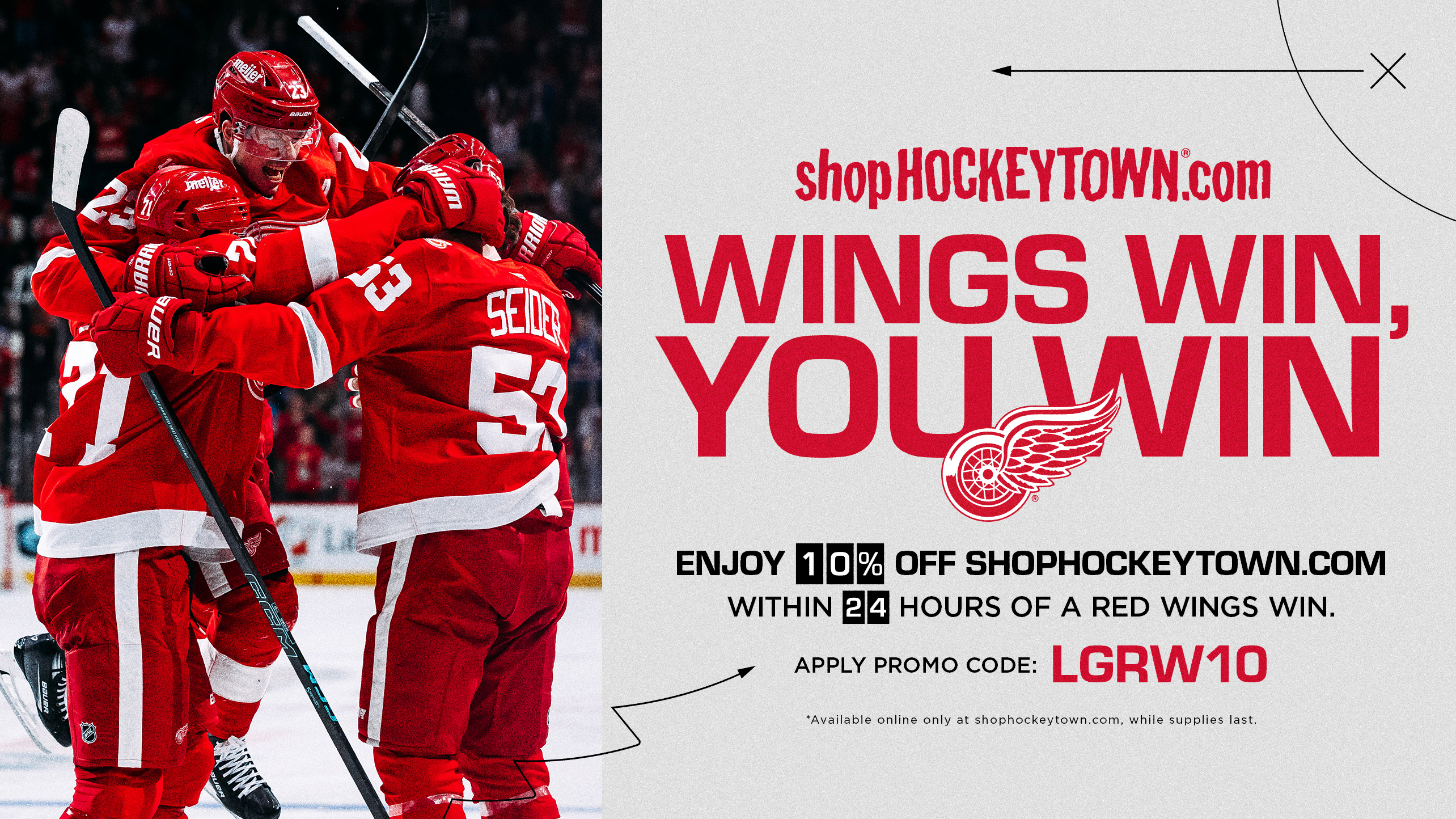 Graphic showing wings win, you iwn 10% off your purchase on shophockeytown.com data-size=