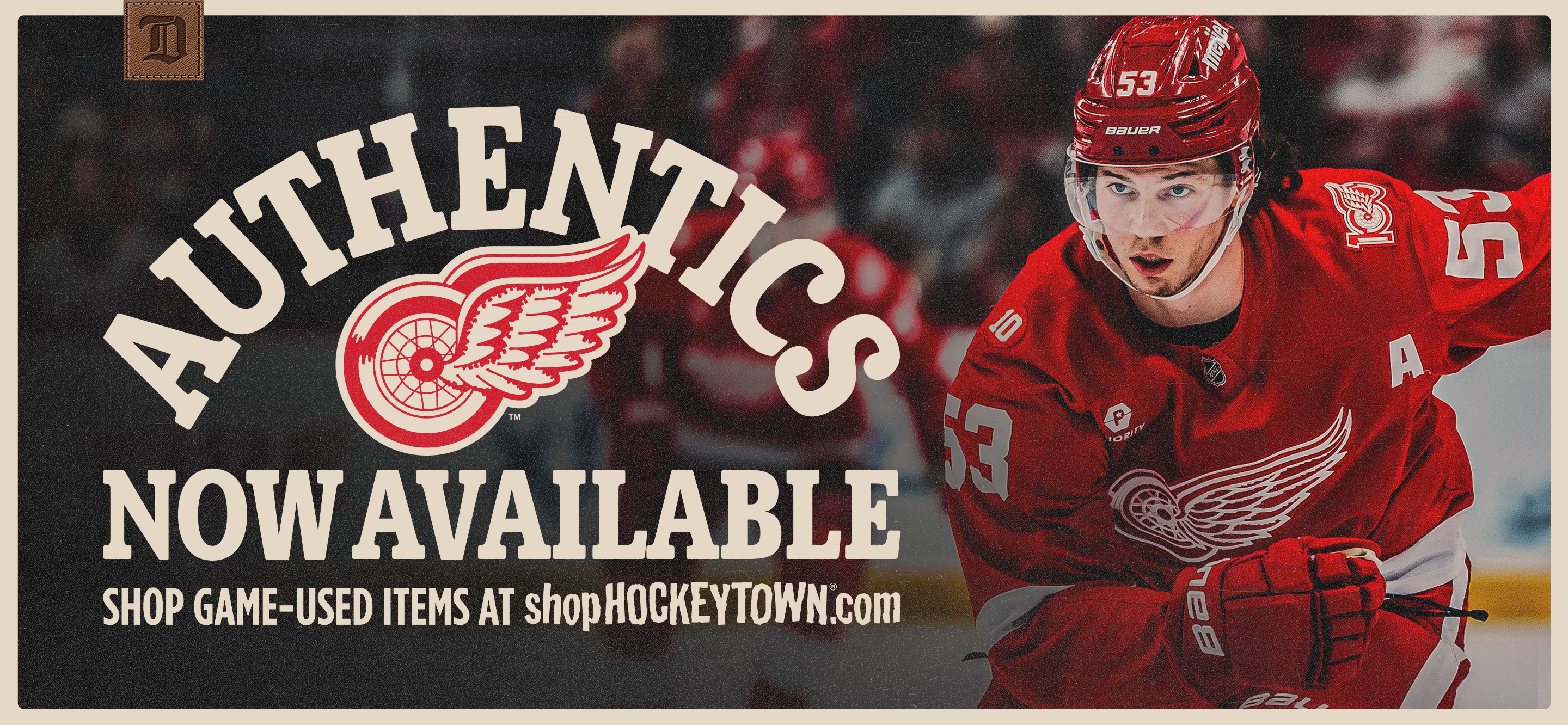 Photo of Moritz Seider and a graphic stating Hockeytown Authentics are now available online. at shophockeytown.com data-size=