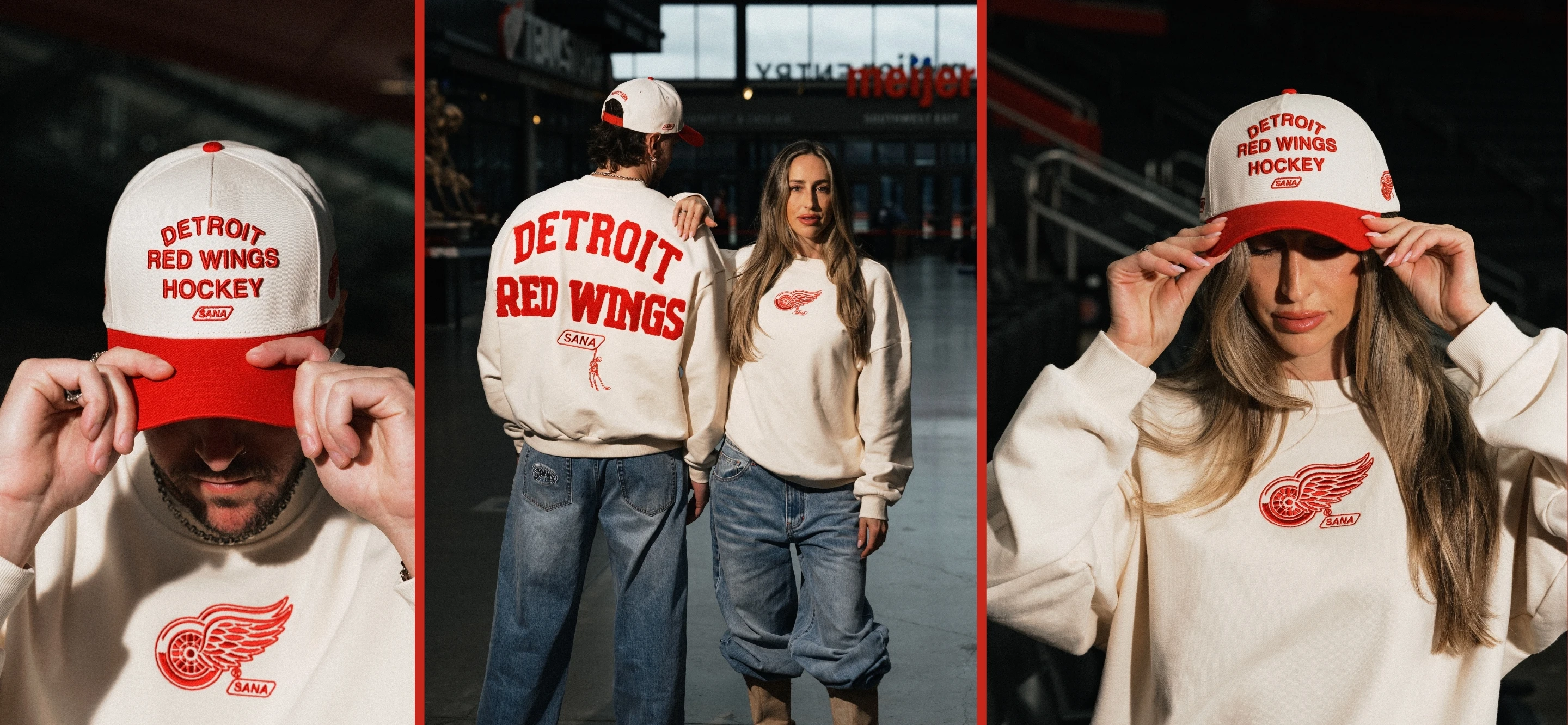 Male and female model highlighting the exclusive, limited edition collaboration between DRW and SANA. The items being highlighted are a crewneck and adjustable hat.  data-size=