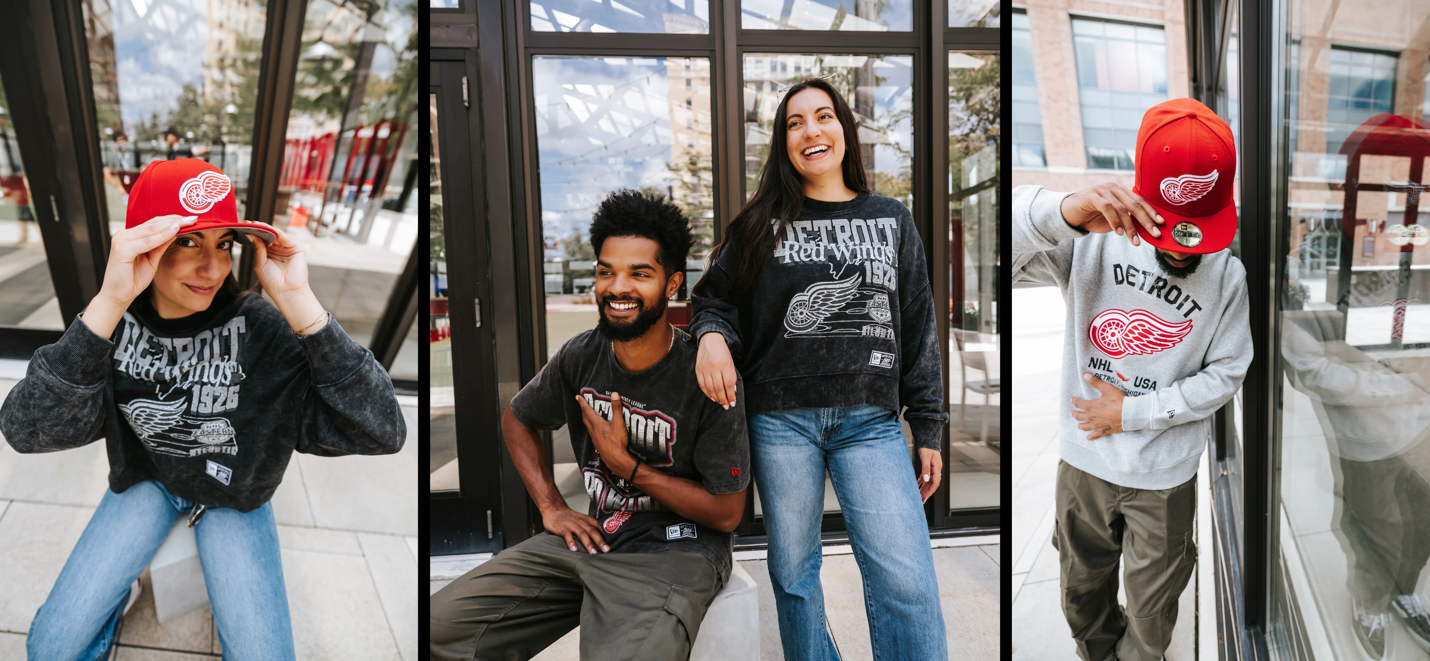 Multiple photos of male and female models showcasing new apparel items data-size=