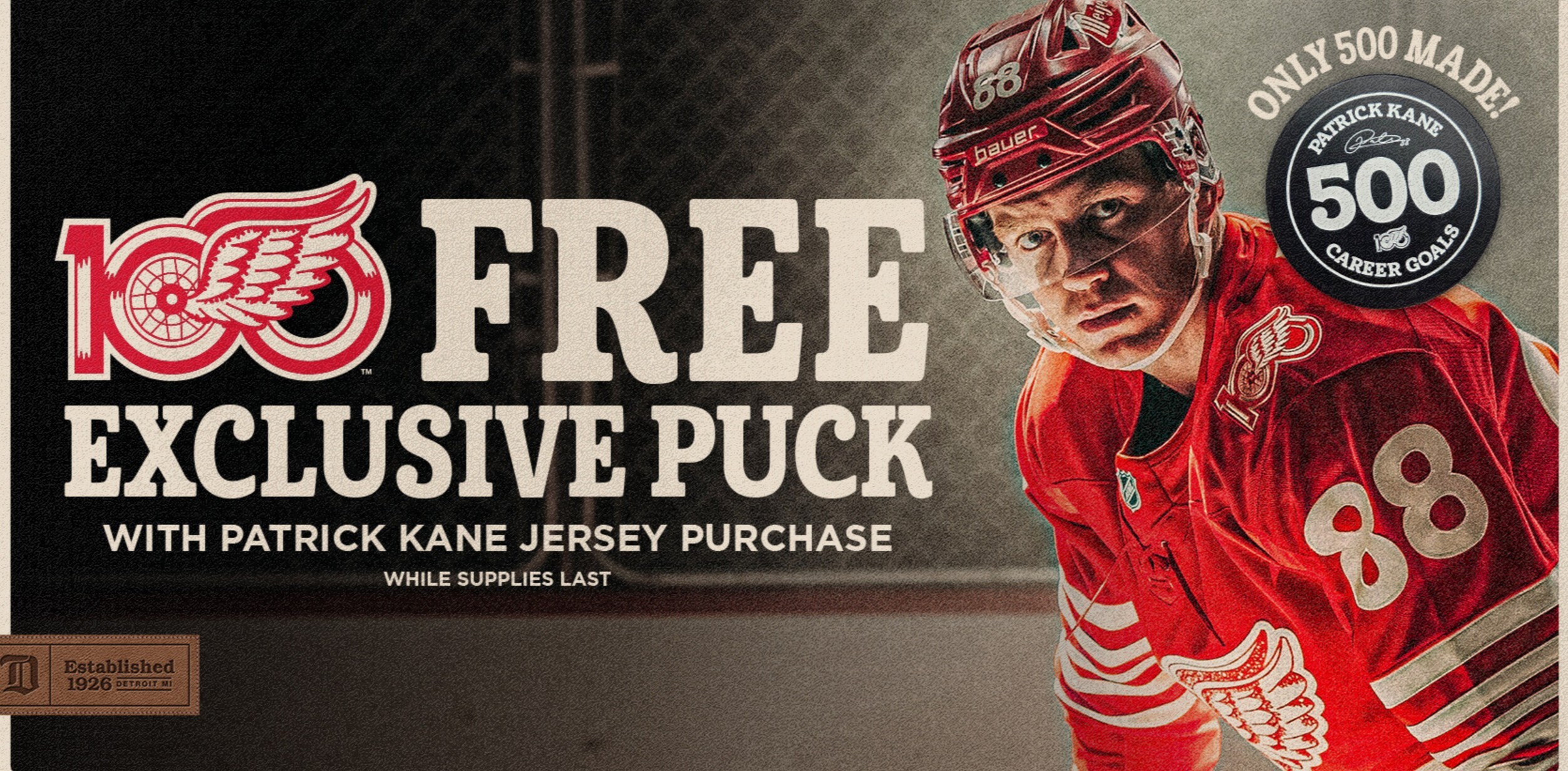 Picture of Patrick Kane and free 500th goal puck with any purchase of a jersey.  data-size=