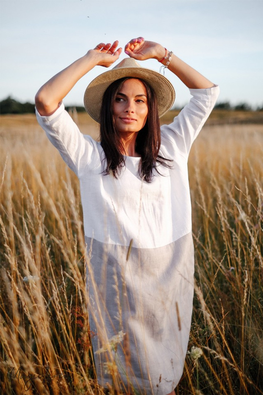 MagicLinen Adria Linen Dress Natural Colour Block - Magic Linen