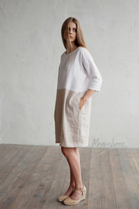Adria Linen Dress White-Natural Colour Block