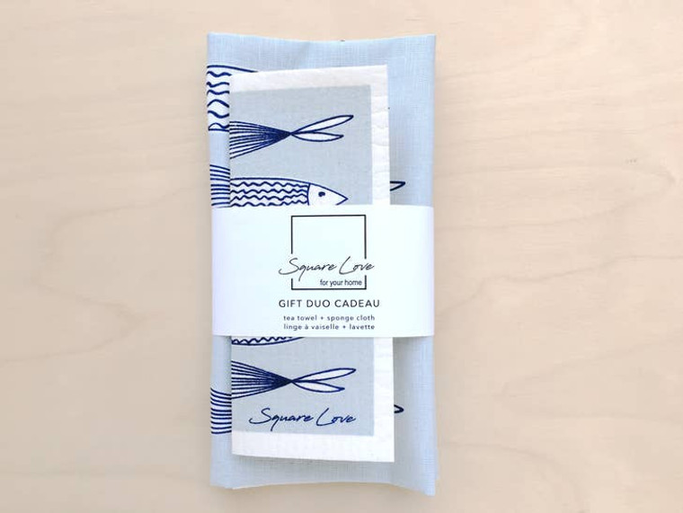 Tea Towel and Sponge Cloth Duo - Blue Fish