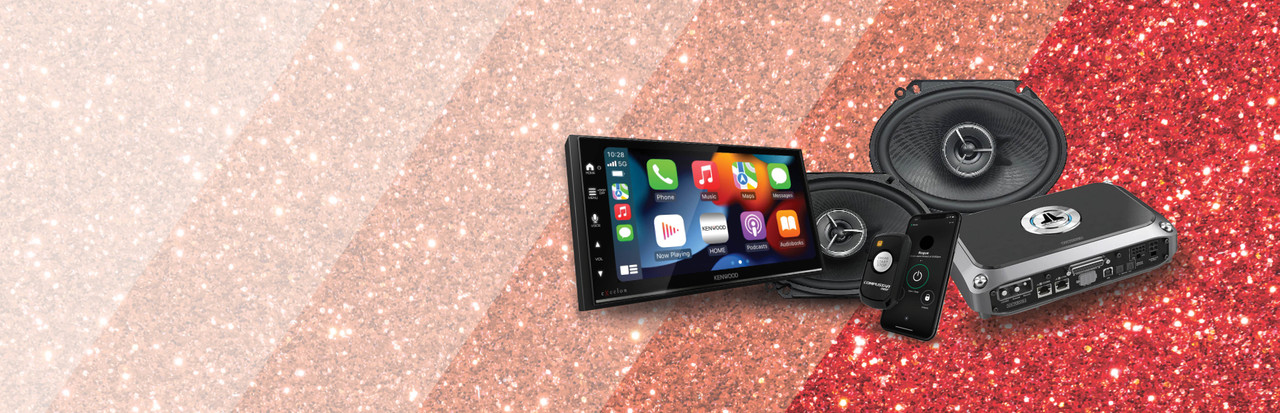 Car stereo on red glitter background