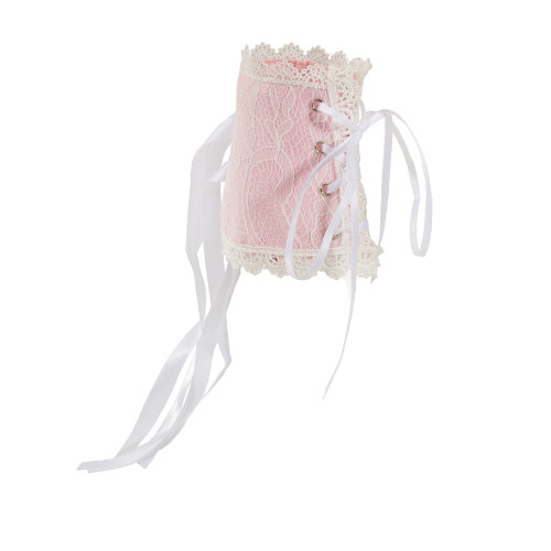 Pink Corsage Wristlet with White Lace accents and a White Ribbon