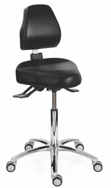 The seat and lumbar support of the CorrectSit® (usa design patented) are identical to the seat and lumbar support of the ErgoDynamic®, with the difference that they are manually operated with easily adjustable handles. The tilting mechanism, the height of the seat, the seat depth and the height of the lumbar support are all easily adjustable by the two or three manual handles on the side. The settings of the chair are not influenced by the weight or the height of the user, which makes for an extremely versatile chair for multiple users in medical clinics, operatories, beauty salons, dental hygienists, creative studios, musicians, amongst others. 