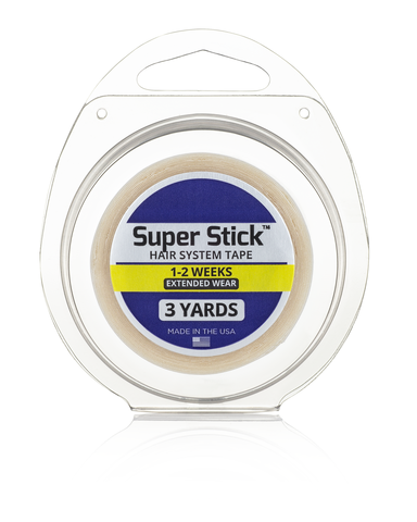 Super Stick is known for its high initial tack when placing the unit. It holds strong but removes easily with little residue. It works best with Poly units as it does have some shine. This is a stiff tape, making it easier to work with. The liner is white but the actual tape is clear.
 
Hold

Extended Wear (1-2 weeks) tapes are great for people who need something more than just for day to day wear, but who are also not looking for the longest bond either. This is a popular type of tape because many people re-apply their units in under 2 weeks.
 
Available Sizes

    Rolls: 3yd, 12yd, 36yd

 
Other Products to Use with Super Stick

Preparation

Bond Breaker Shampoo is the first step in preparing for a new install. When it comes to hair system bonding, nothing is more important than cleaning in order to prepare for a new install. Bond Breaker Shampoo breaks down the adhesives, scrubs the skin, and cleans the hair in one step