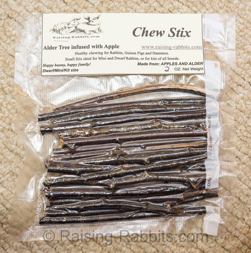 Small Size Chew Stix, apple-infused Alder wood. Approximately 3/16" to 1/4" in diameter. This package contains 2 ounces of Chew Stix. Small Size Chew Stix, apple-infused Alder wood. Approximately 3/16" to 1/4" in diameter. This package contains 2 ounces of Chew Stix.