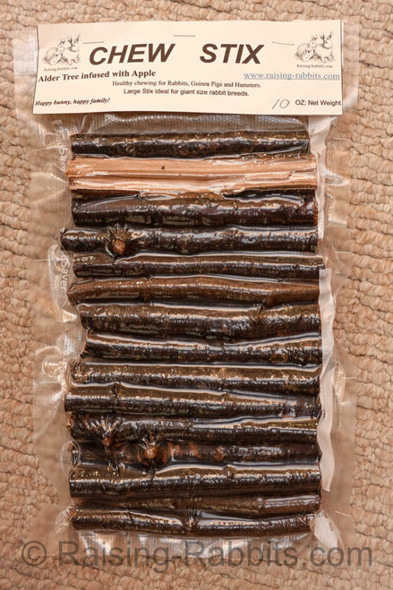 Large/Giant Size Chew Stix - apple-infused Alder wood. Twigs are approximately 3/4" to 1" in diameter. This package contains 10 ounces of Chew Stix. Large/Giant Size Chew Stix - apple-infused Alder wood. Twigs are approximately 3/4" to 1" in diameter. This package contains 10 ounces of Chew Stix.