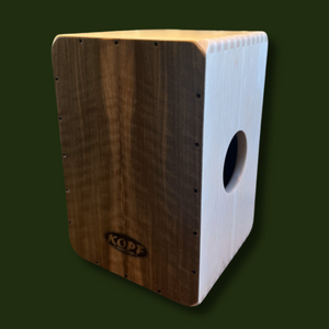Image of the front of the Maple and Curly Walnut Cajon from Kopf Percussion Image of the front of the Maple and Curly Walnut Cajon from Kopf Percussion