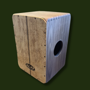 Image of the front of the Walnut and Karelien Birch Burl Cajon from Kopf Percussion Image of the front of the Walnut and Karelien Birch Burl Cajon from Kopf Percussion